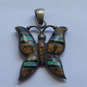 Butterfly Pendant Sterling Silver Multi Inlayed Gemstones in Zumi Style Chunky